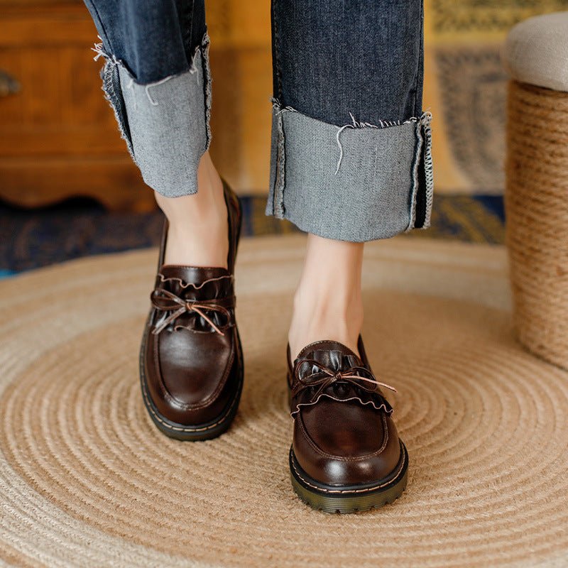 British Style Round Head Chunky Heel Small Leather Shoes For Women - Babyvera