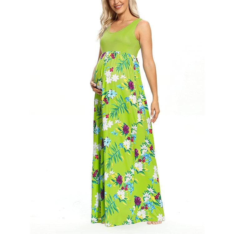 Fashion Print Stitching Round Neck Maternity Dress - Babyvera