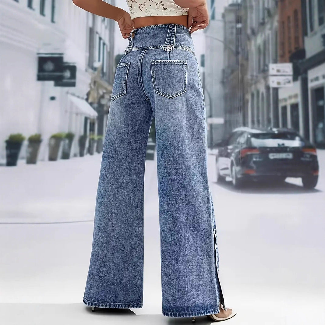 Women's High-Waisted Retro Button Denim Wide-Leg Pants - [[{"value":"{{ Babyvera Babyvera  }}"}]]