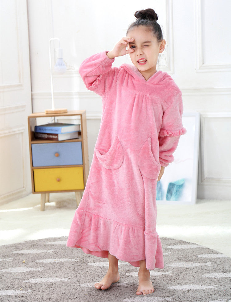 Warm Coral Fleece Double Sided Girls Long Moon Pocket Hooded Nightdress - [[{"value":"{{ Babyvera Babyvera  }}"}]]
