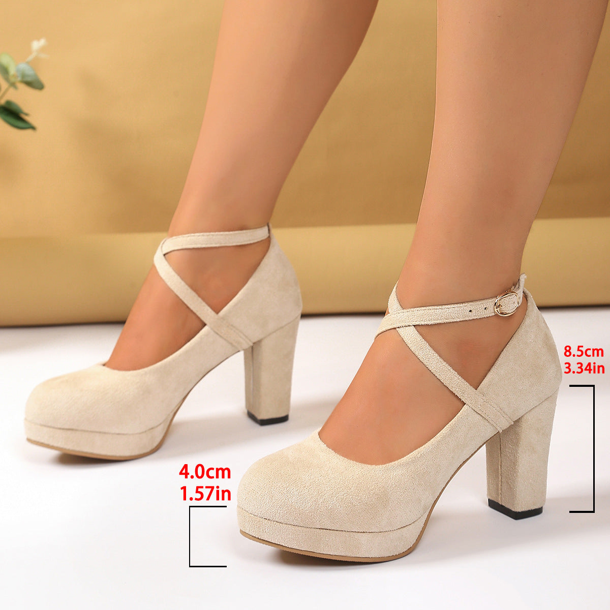 Shallow High-heel Chunky Heel Suede Cross-strap Women's Shoes - [[{"value":"{{ Babyvera Babyvera  }}"}]]