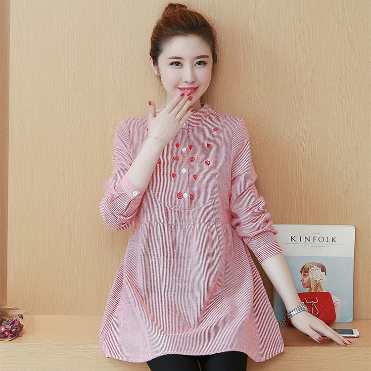 Maternity Dress Stand-up Collar Striped Embroidery Maternity Top - [[{"value":"{{ Babyvera Babyvera  }}"}]]