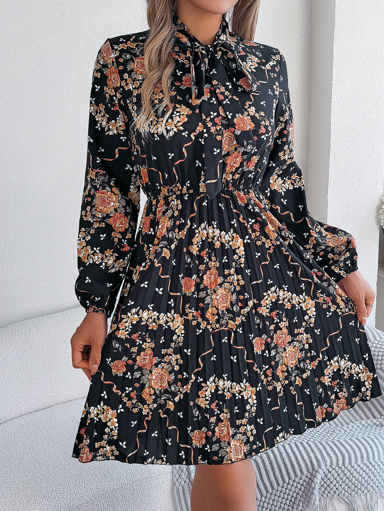 Women's Elegant Floral Tie-Waist Long Sleeve Pleated Maxi Dress - [[{"value":"{{ Babyvera Babyvera  }}"}]]