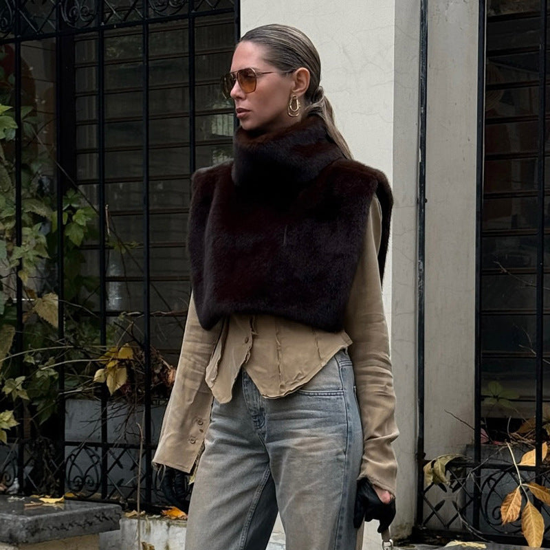New Solid Color Half Turtleneck Sleeveless Fur Vest For Women - [[{"value":"{{ Babyvera Babyvera  }}"}]]