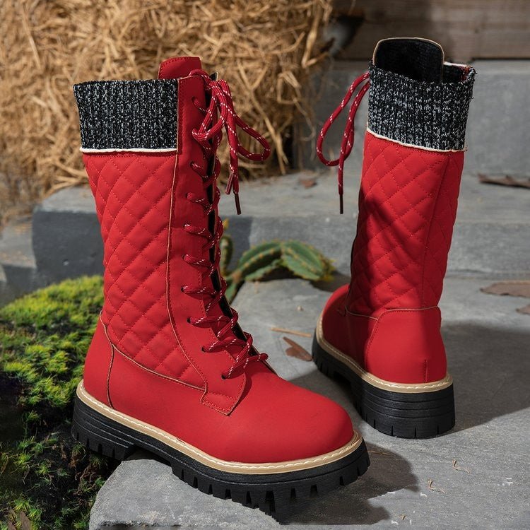 Check The Color - matched Front - lace - up Thick - heeled Martin Boots - Babyvera