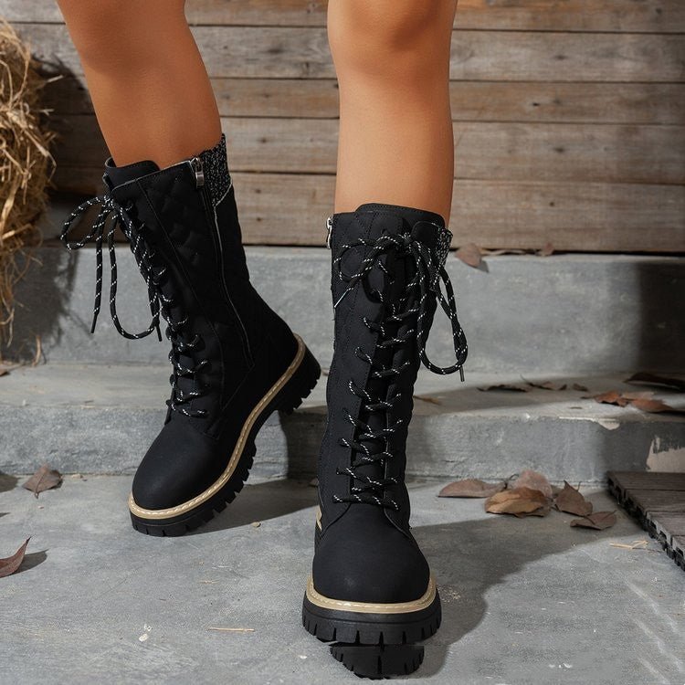 Check The Color - matched Front - lace - up Thick - heeled Martin Boots - Babyvera