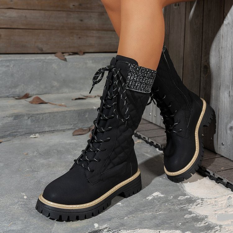 Check The Color - matched Front - lace - up Thick - heeled Martin Boots - Babyvera