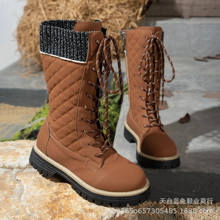 Check The Color - matched Front - lace - up Thick - heeled Martin Boots - Babyvera