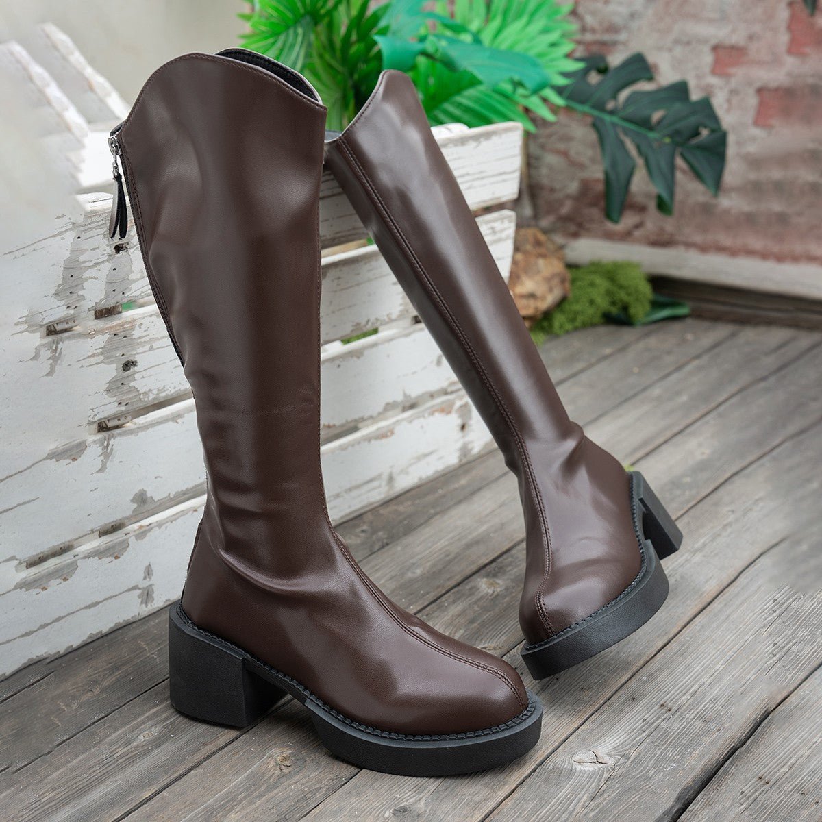 Chunky Heeled Figure Flattering European And American Style Knee High Boots - Babyvera
