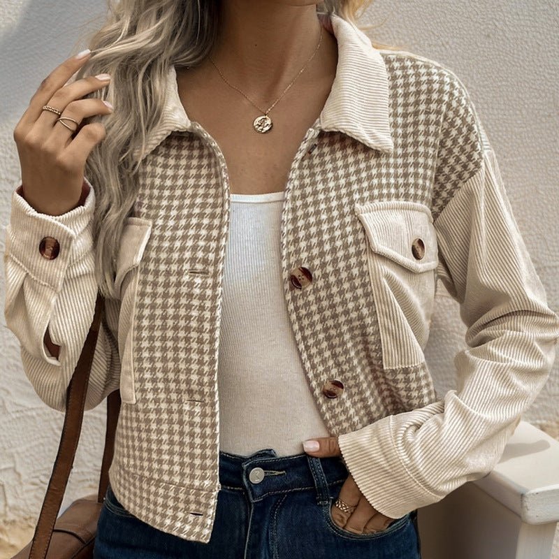 Corduroy Stitching Brushed Houndstooth Coat Women - Babyvera