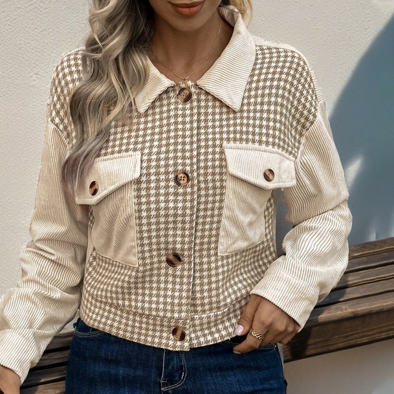 Corduroy Stitching Brushed Houndstooth Coat Women - Babyvera
