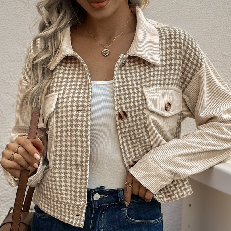 Corduroy Stitching Brushed Houndstooth Coat Women - Babyvera