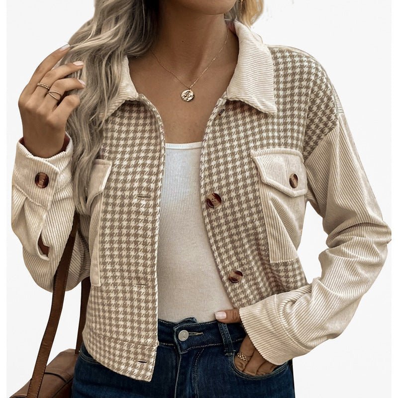 Corduroy Stitching Brushed Houndstooth Coat Women - Babyvera