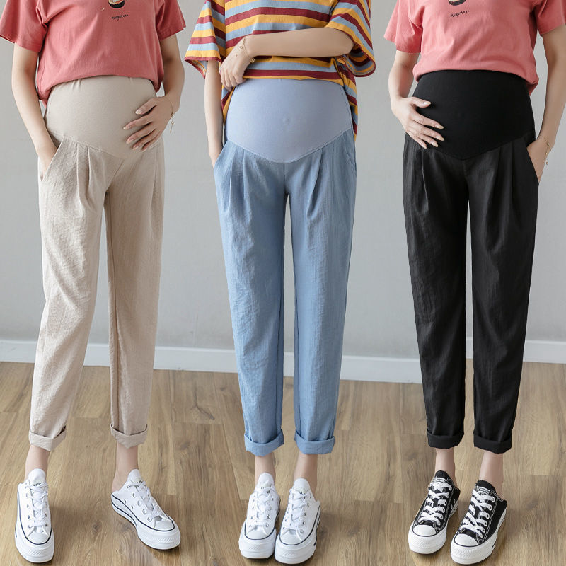 Spring And Autumn Maternity Trousers Wear Linen Casual Cropped Trousers - Babyvera