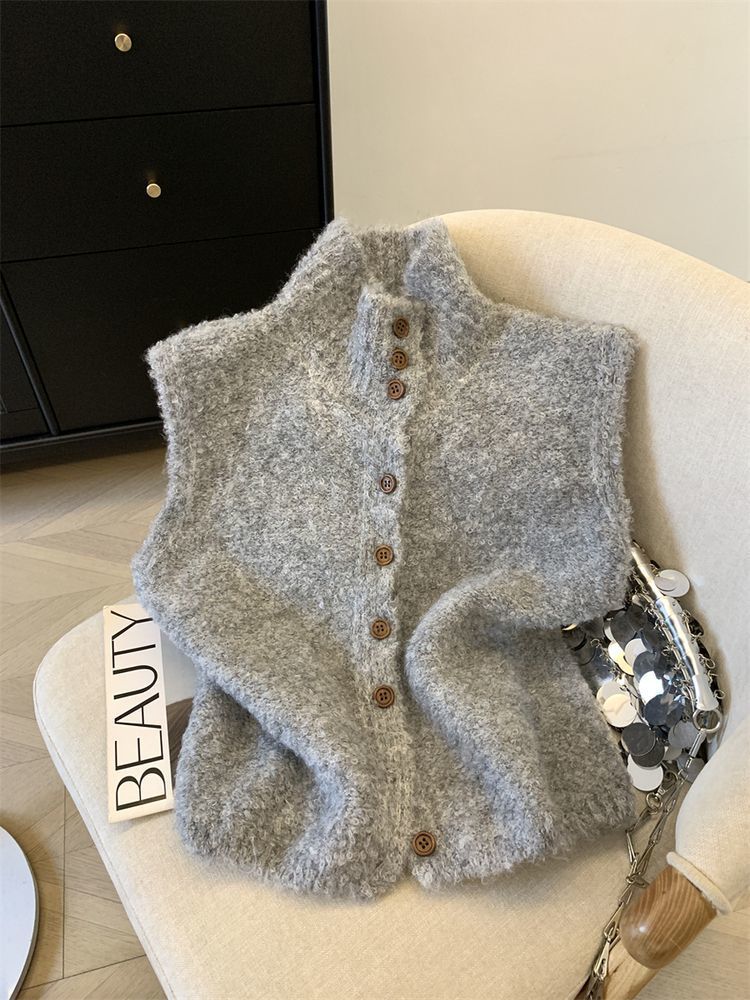 Korean-style Refined High-neck Single-breasted Solid Color Knitted Vest - [[{"value":"{{ Babyvera Babyvera  }}"}]]