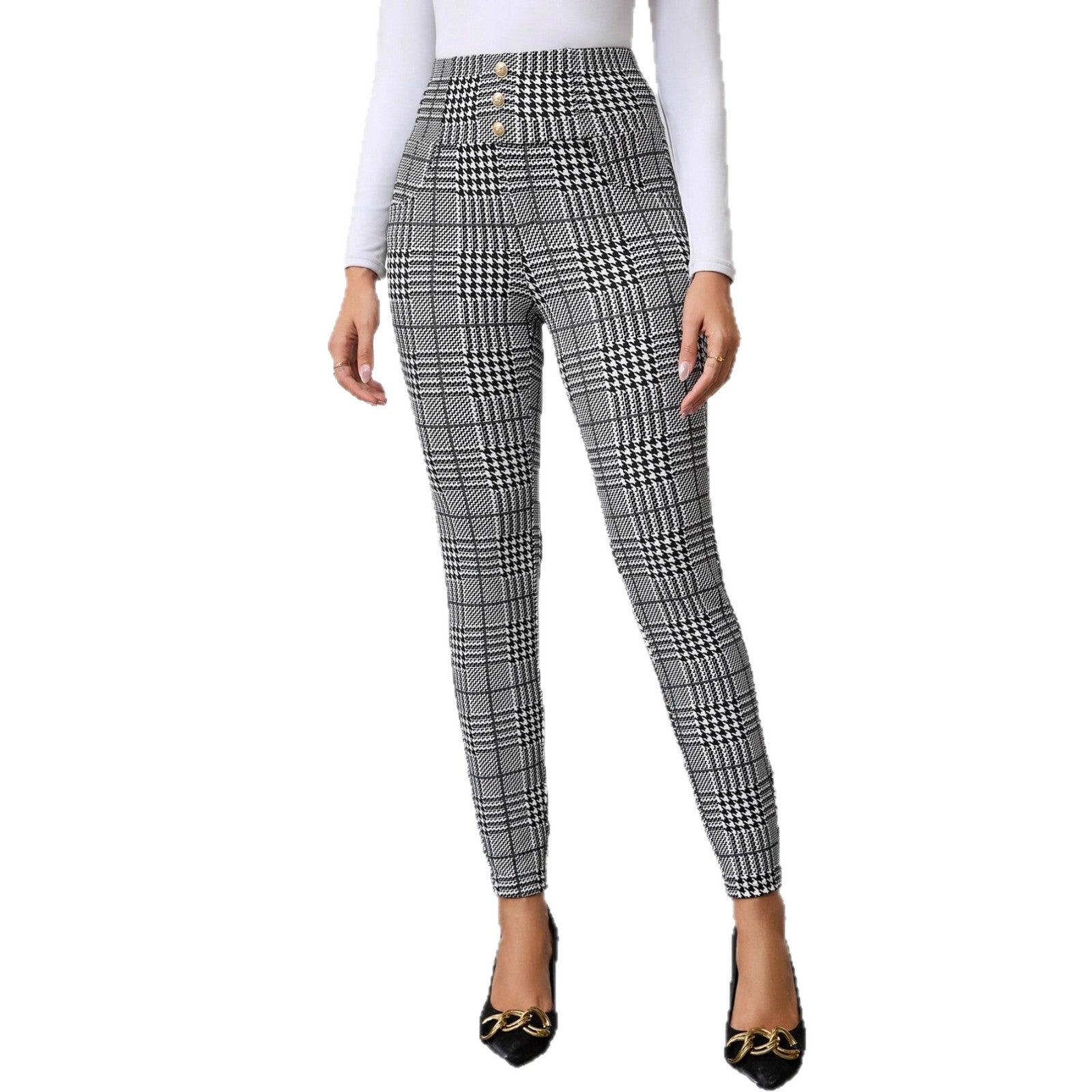 Women's Check Print Button Embellished High-waist Slim-fit Knit Pants - [[{"value":"{{ Babyvera Babyvera  }}"}]]