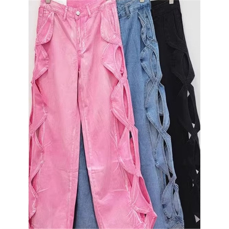 SpringSummer Side-Stranded Braid Ripped Casual Straight-Leg Wide-Leg Denim Jeans - [[{"value":"{{ Babyvera Babyvera  }}"}]]