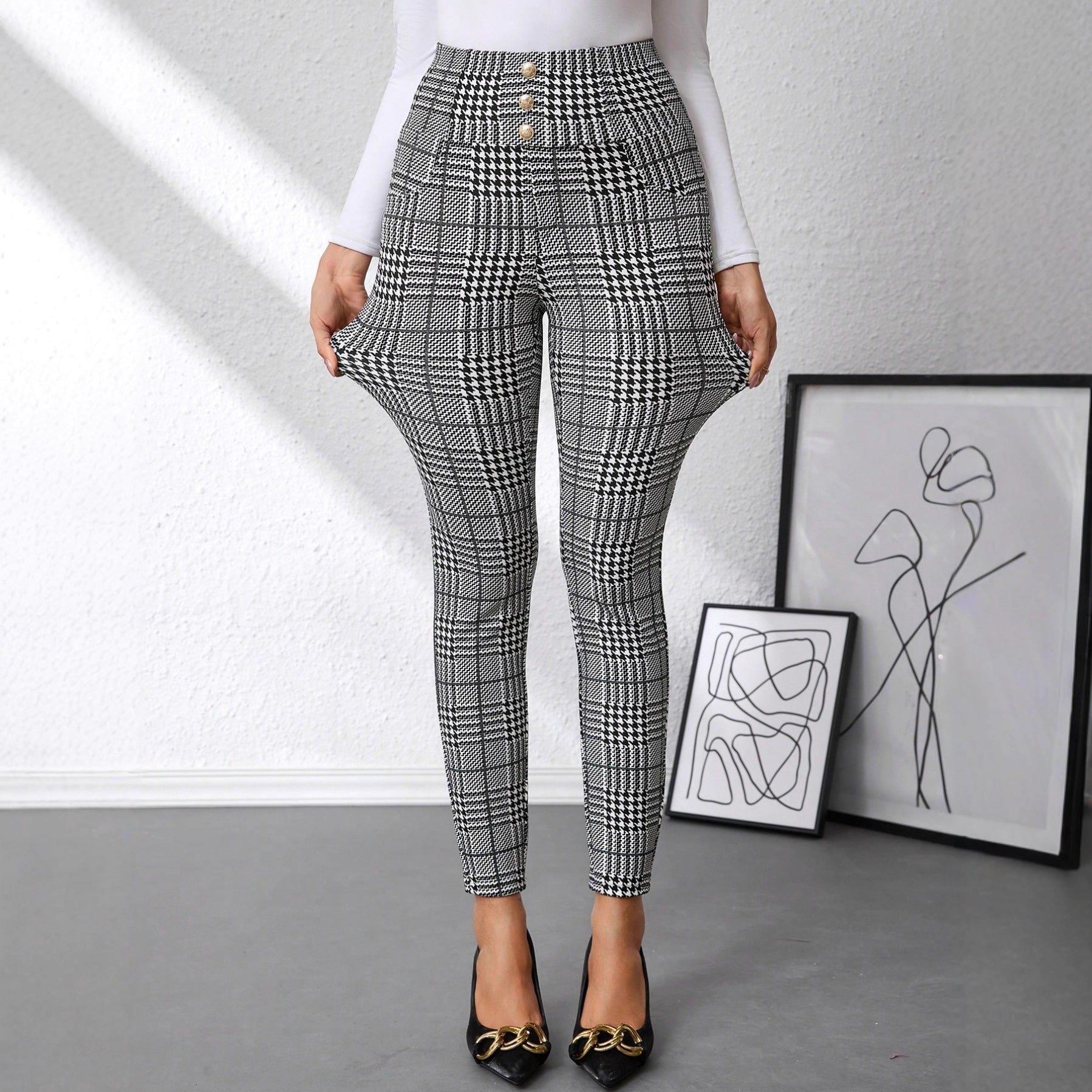 Women's Check Print Button Embellished High-waist Slim-fit Knit Pants - [[{"value":"{{ Babyvera Babyvera  }}"}]]