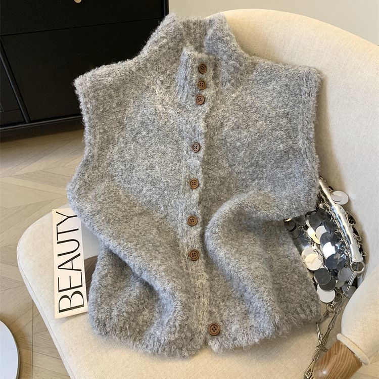 Korean-style Refined High-neck Single-breasted Solid Color Knitted Vest - [[{"value":"{{ Babyvera Babyvera  }}"}]]