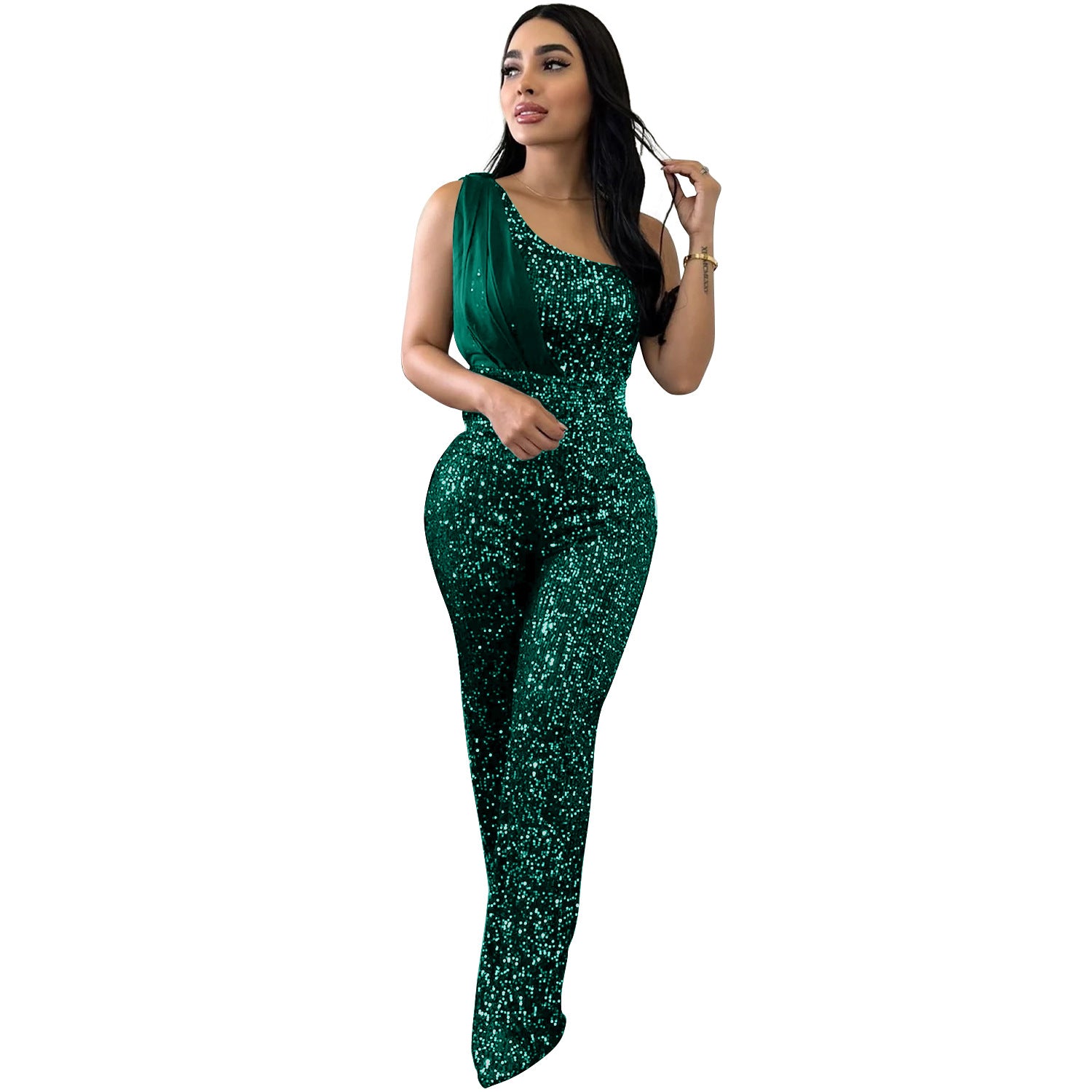 Women's Solid Color Sleeveless One-shoulder Sequined Trousers Jumpsuit - [[{"value":"{{ Babyvera Babyvera  }}"}]]