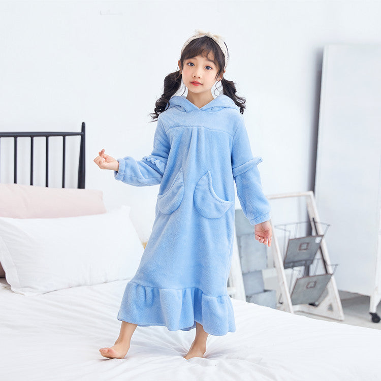Warm Coral Fleece Double Sided Girls Long Moon Pocket Hooded Nightdress - [[{"value":"{{ Babyvera Babyvera  }}"}]]