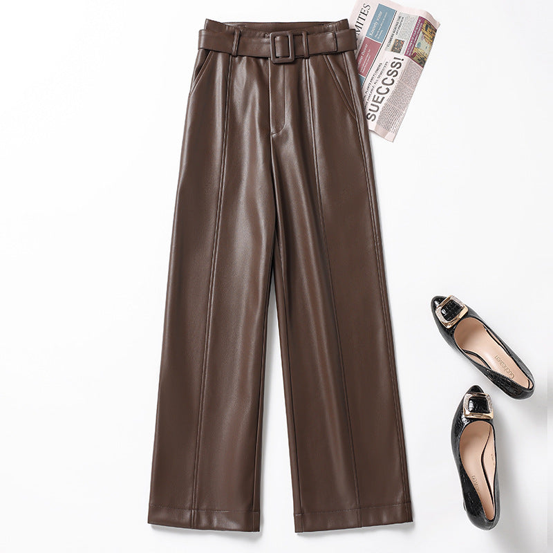 Womens Straight-Leg Leather Pants High-Waisted Fashionable Wide-Leg Pants - [[{"value":"{{ Babyvera Babyvera  }}"}]]