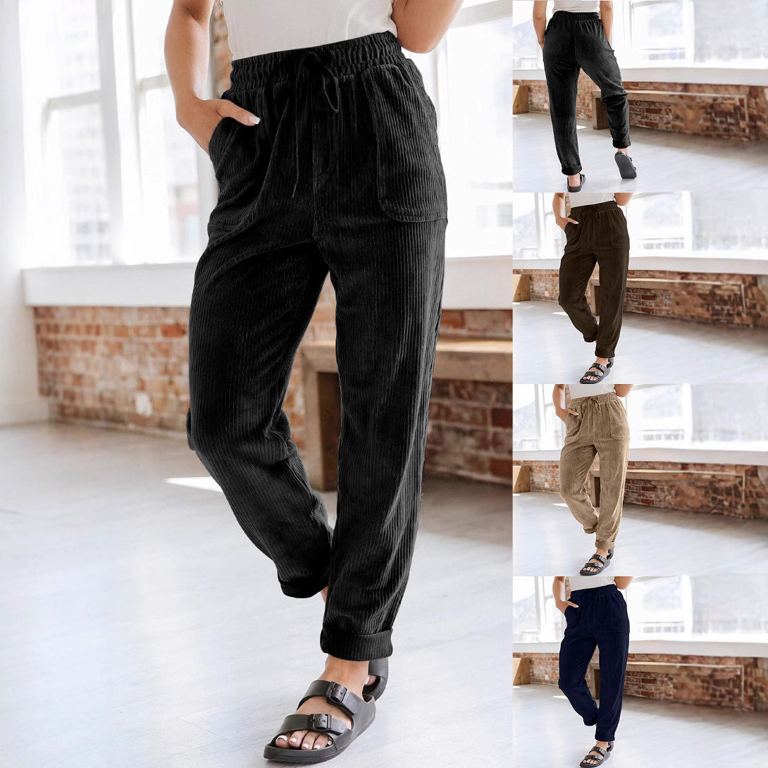 European And American Casual Pants Fashion Solid Color Corduroy Wide-leg Pants Women's Pants - [[{"value":"{{ Babyvera Babyvera  }}"}]]
