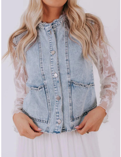 Fan-shaped Trim Patch Pocket Button Front Denim Vest - [[{"value":"{{ Babyvera Babyvera  }}"}]]