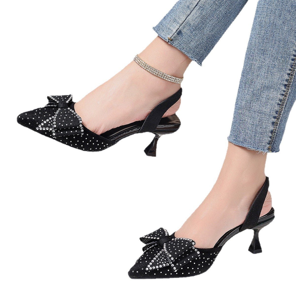 Elegant Rhinestone Pointed Toe Bow High Heels - Babyvera