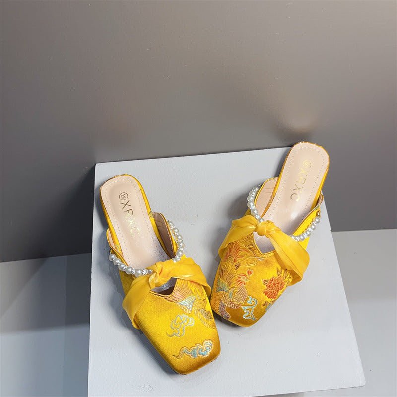 Embroidered Flat Square - toe Low - cut Half - slipper For Women - Babyvera