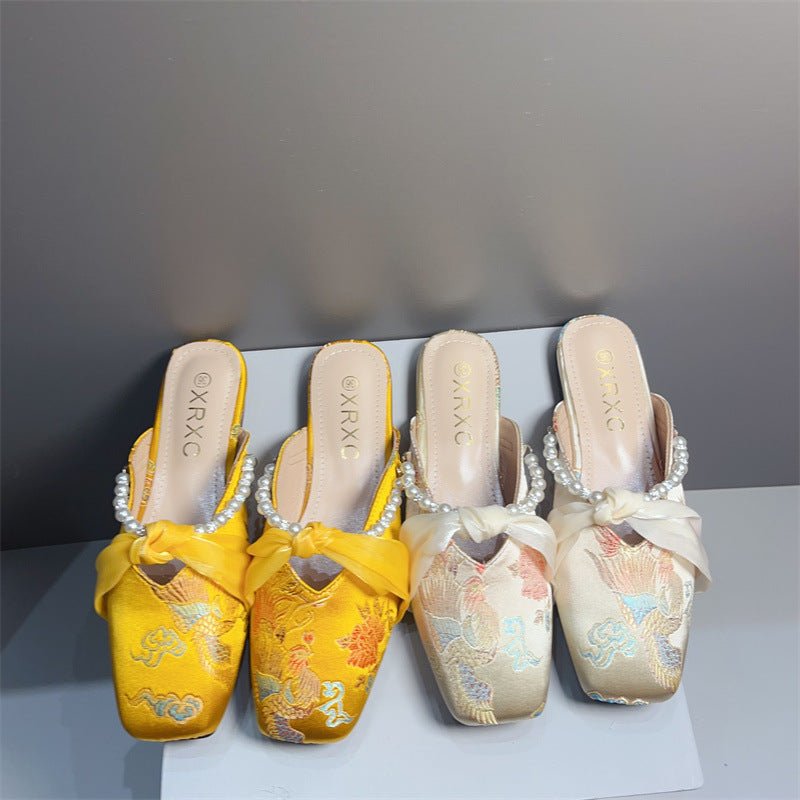 Embroidered Flat Square - toe Low - cut Half - slipper For Women - Babyvera