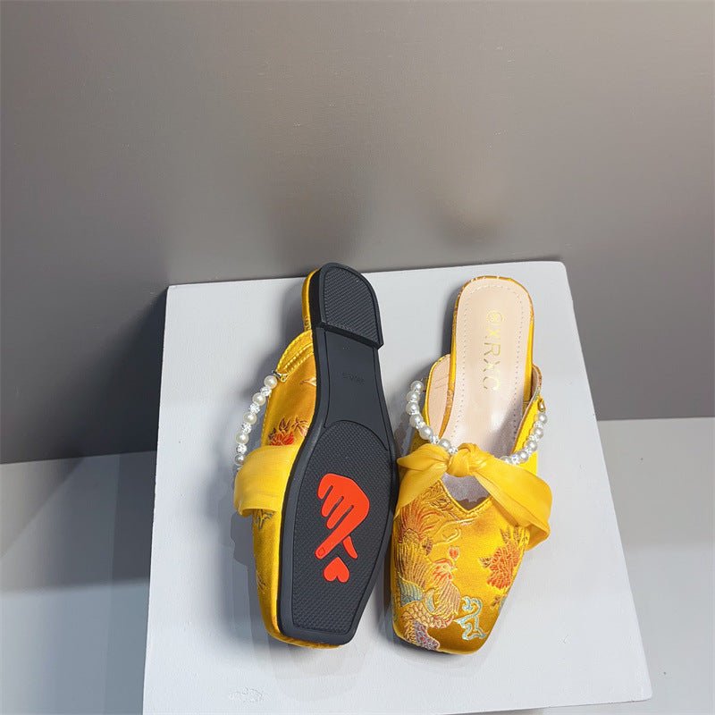 Embroidered Flat Square - toe Low - cut Half - slipper For Women - Babyvera