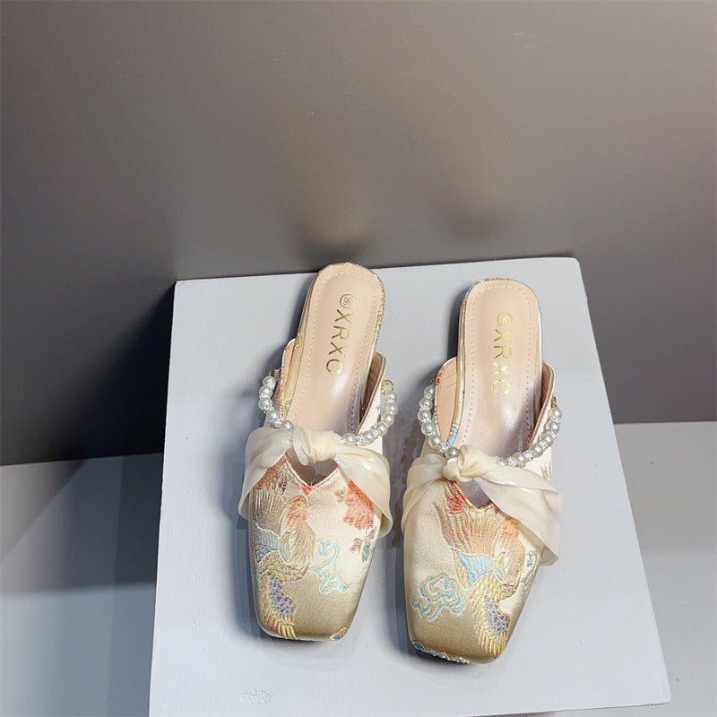 Embroidered Flat Square - toe Low - cut Half - slipper For Women - Babyvera