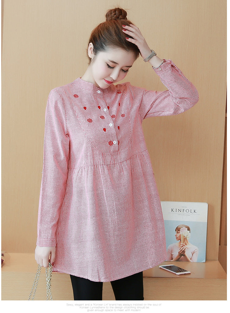 Maternity Dress Stand-up Collar Striped Embroidery Maternity Top - [[{"value":"{{ Babyvera Babyvera  }}"}]]
