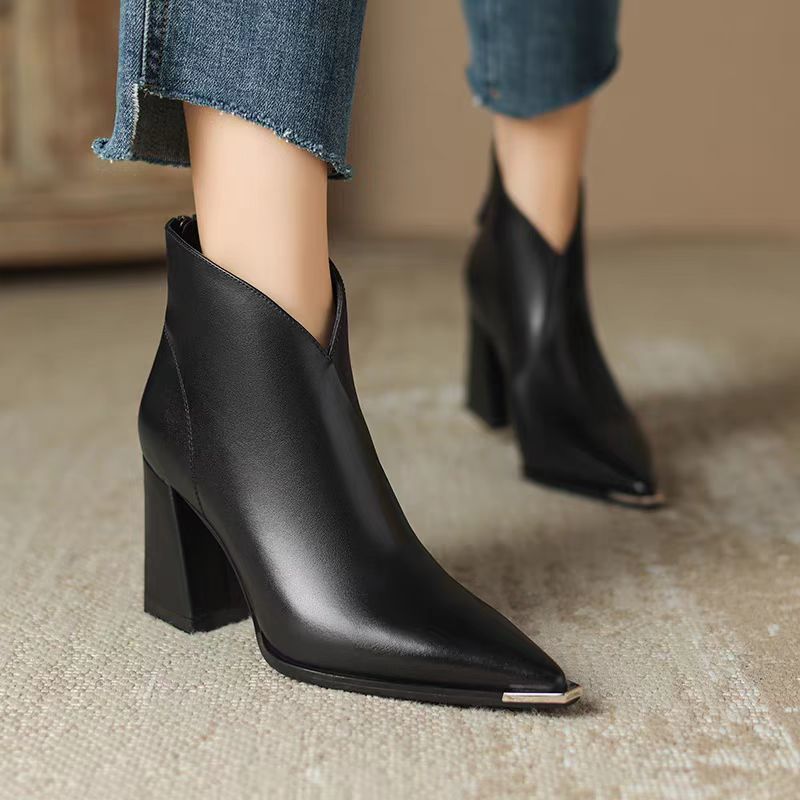 Fashion Anti Collision Metal Toe Soft Leather High Heel Slimming Martin Boots - Babyvera