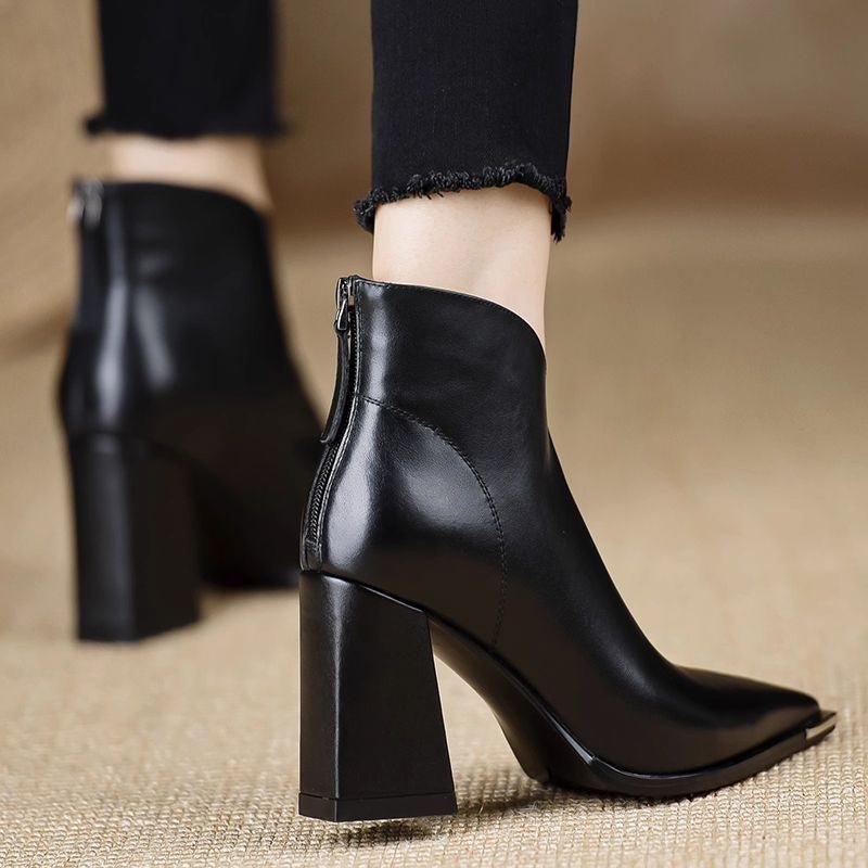Fashion Anti Collision Metal Toe Soft Leather High Heel Slimming Martin Boots - Babyvera