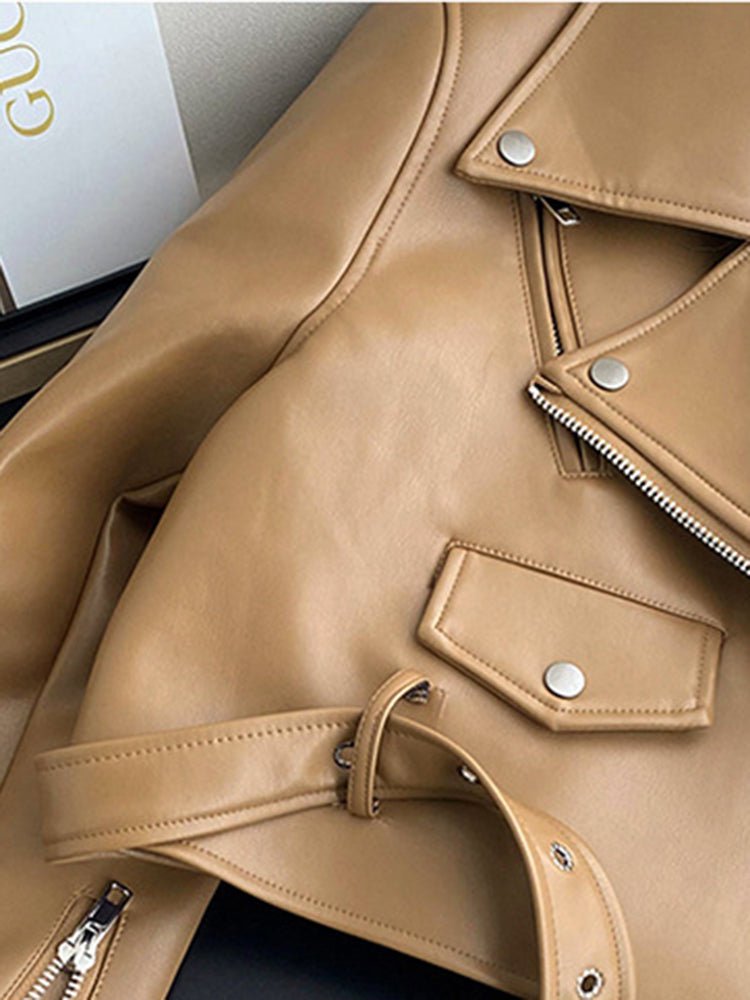 Fashion Brown Motorcycle Leather Coat Women - Babyvera