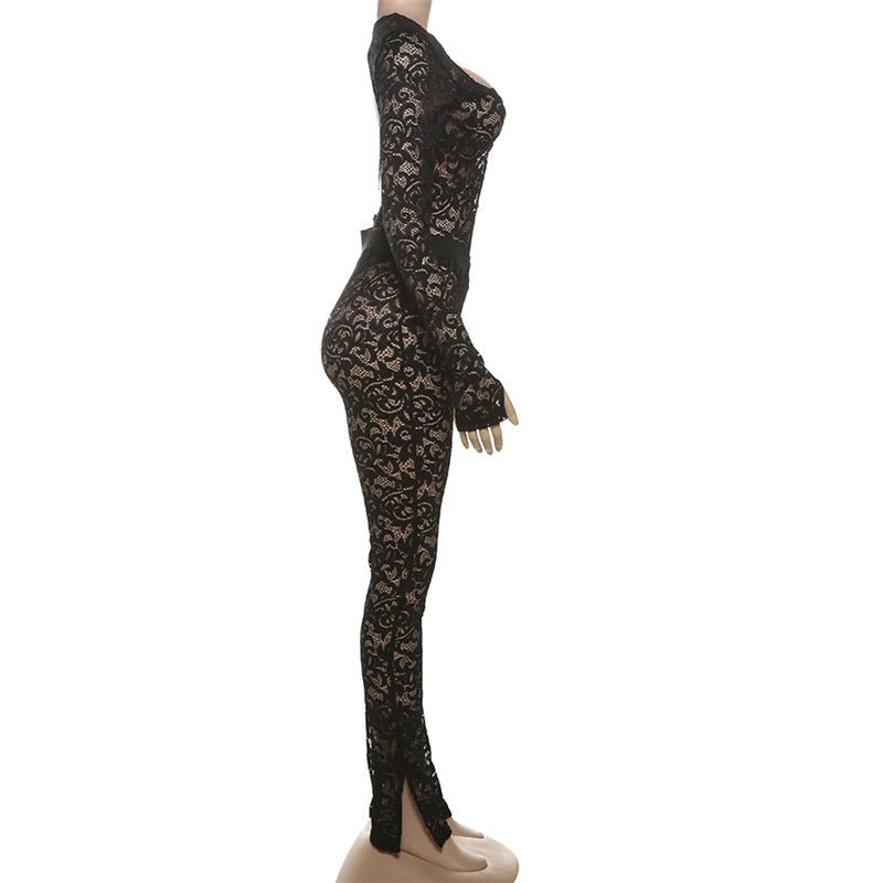 Fashion Solid Color Lace See - through Hollow Out Stitching Slim Fit Sexy - Babyvera
