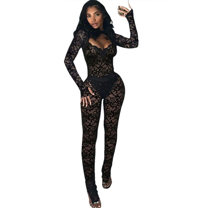 Fashion Solid Color Lace See - through Hollow Out Stitching Slim Fit Sexy - Babyvera