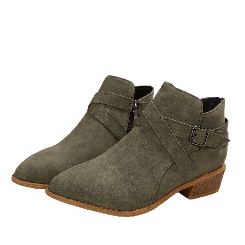 Fashionable Chunky-Heel Leather Belt-Clasp Side-Zip Ankle Boots - Babyvera