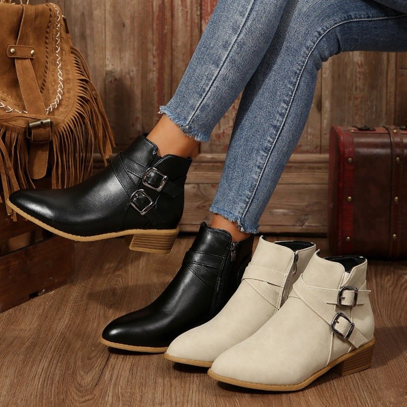 Fashionable Chunky - Heel Leather Belt - Clasp Side - Zip Ankle Boots - Babyvera