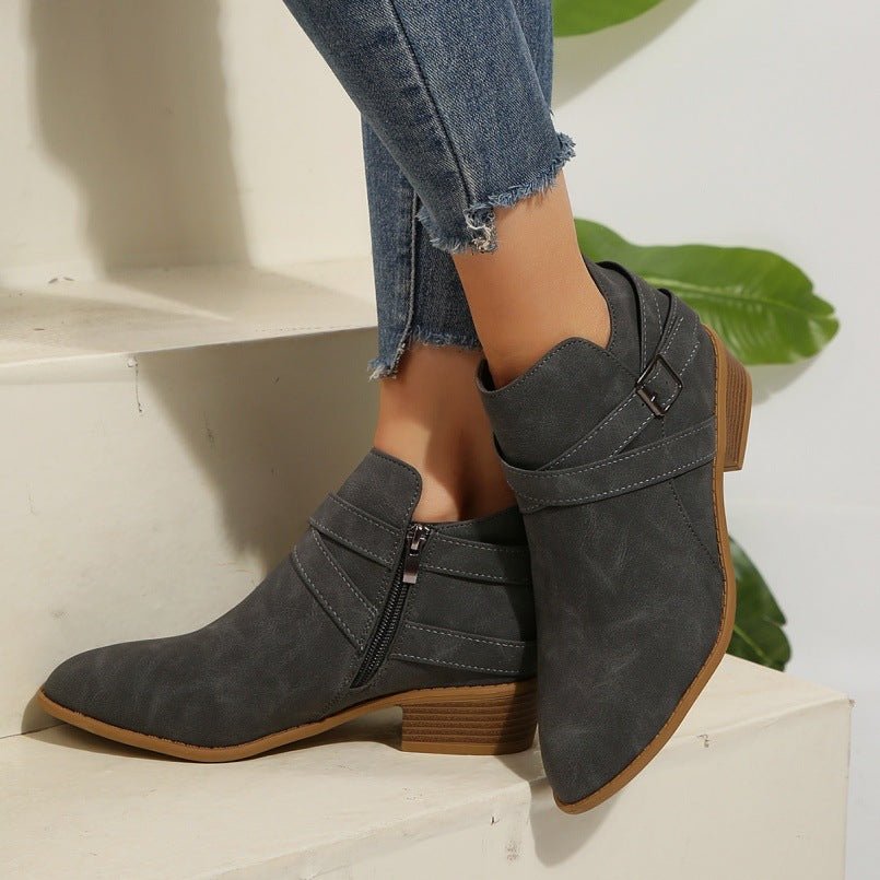 Fashionable Chunky - Heel Leather Belt - Clasp Side - Zip Ankle Boots - Babyvera