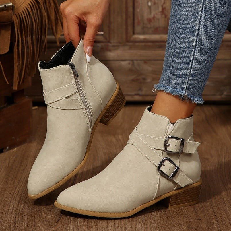 Fashionable Chunky - Heel Leather Belt - Clasp Side - Zip Ankle Boots - Babyvera
