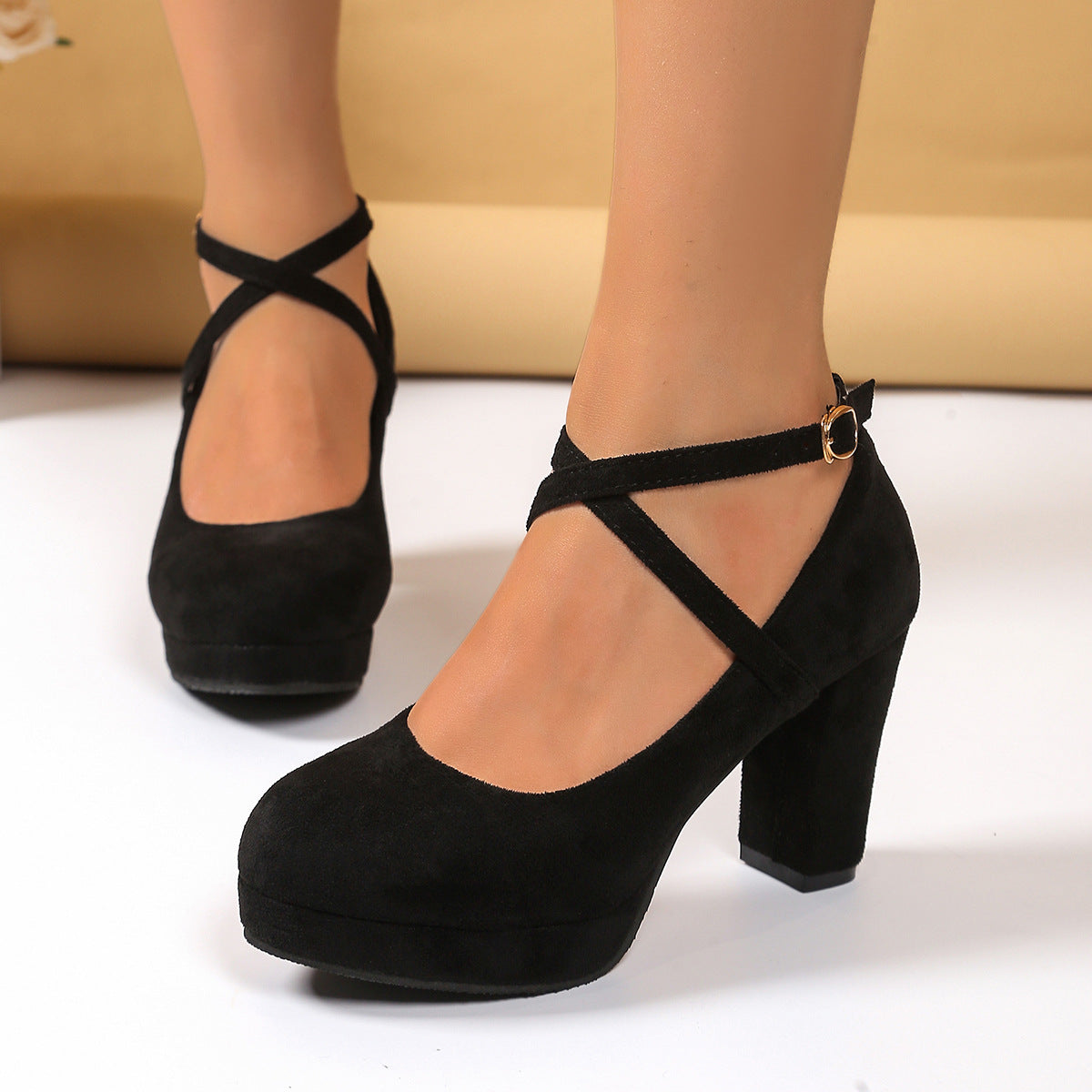 Shallow High-heel Chunky Heel Suede Cross-strap Women's Shoes - [[{"value":"{{ Babyvera Babyvera  }}"}]]