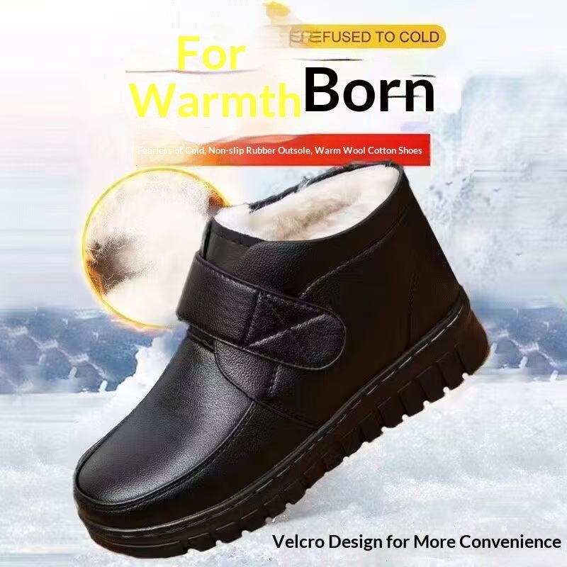 Fleece - lined Extra - thick Warm Ankle Boots Mid - And Elderly Leather Boots With Flat Soles - Babyvera