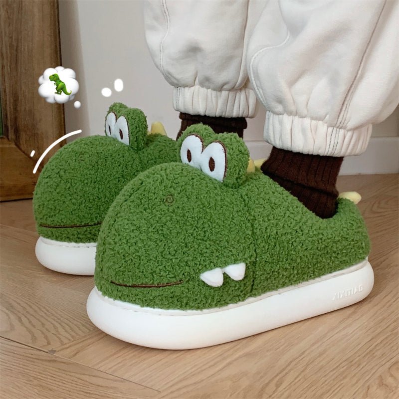 Fuzzy Slippers Warm Indoor Postpartum Cotton Shoes For Women Cute Winter Dinosaur Design - Babyvera