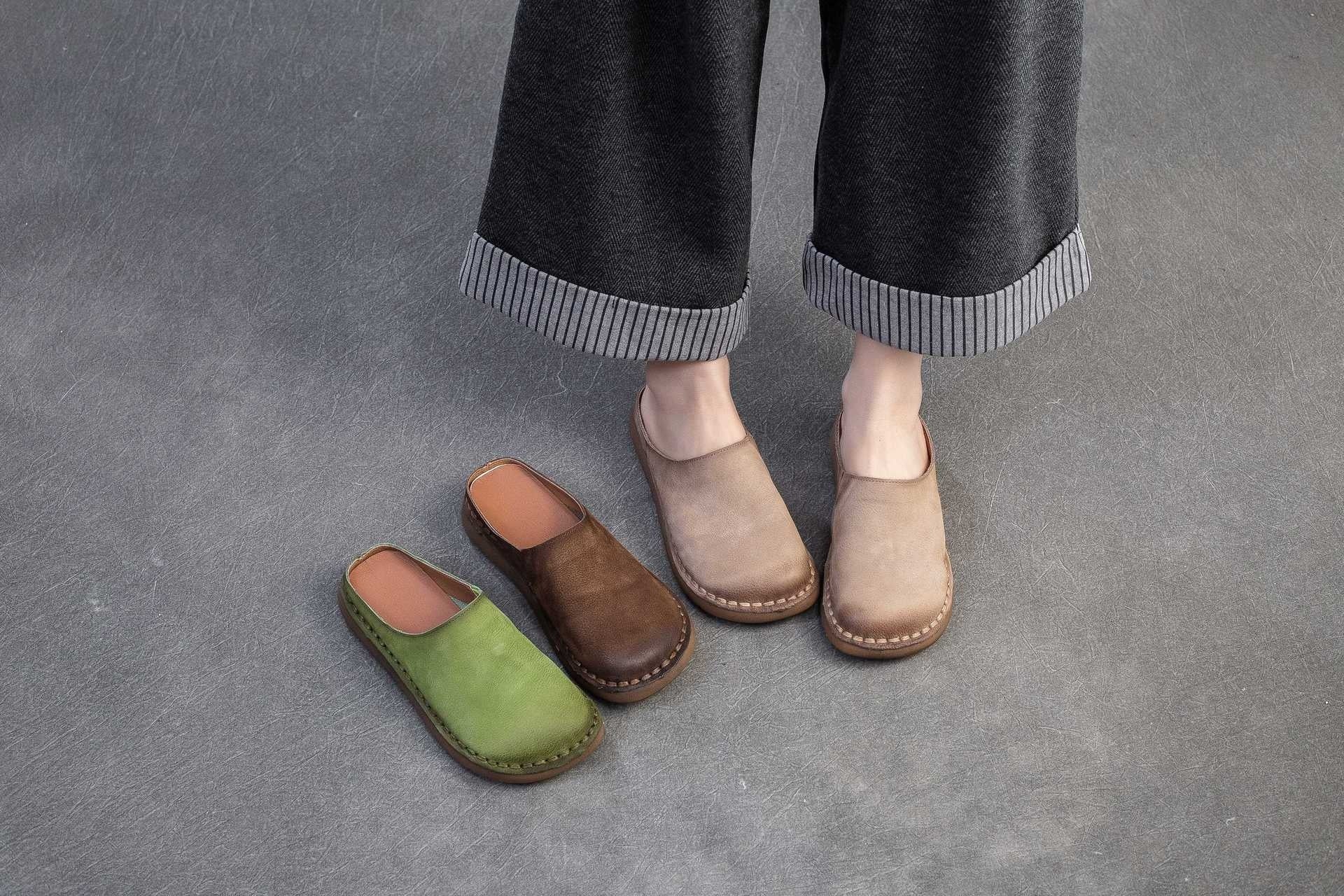 Genuine Leather Retro Wrap - around Lazy Slippers - Babyvera