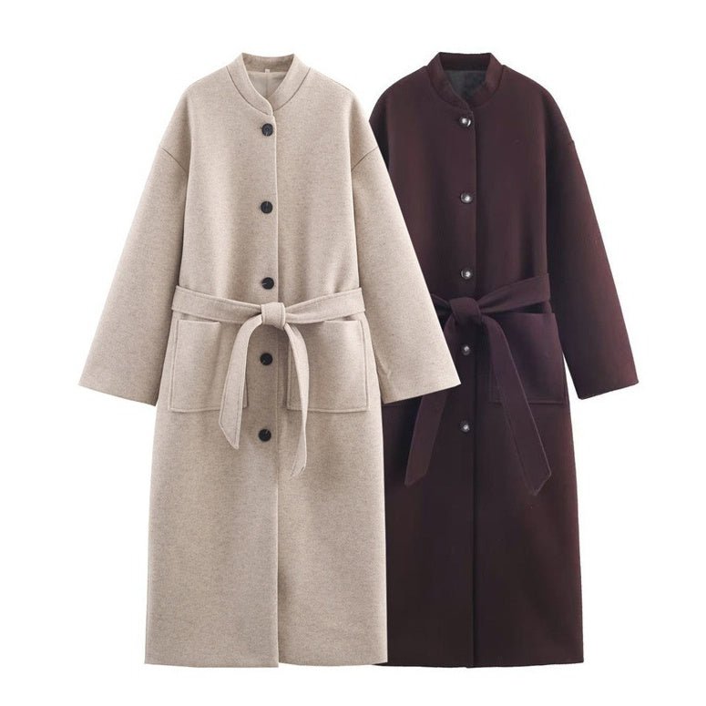 Long Belted Elegant Coat For Women - Babyvera