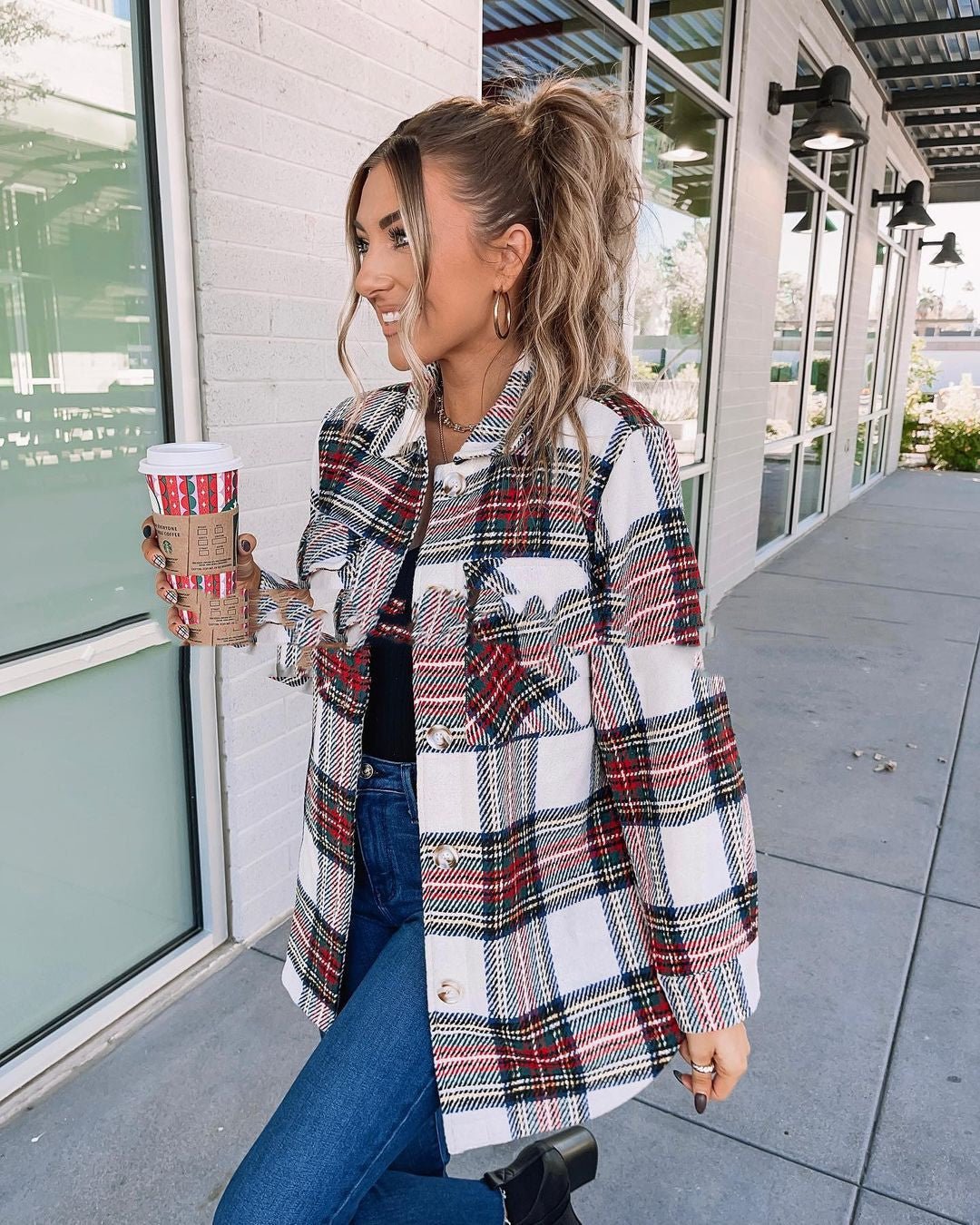 Long Sleeve Loose Women Plaid Coat - Babyvera