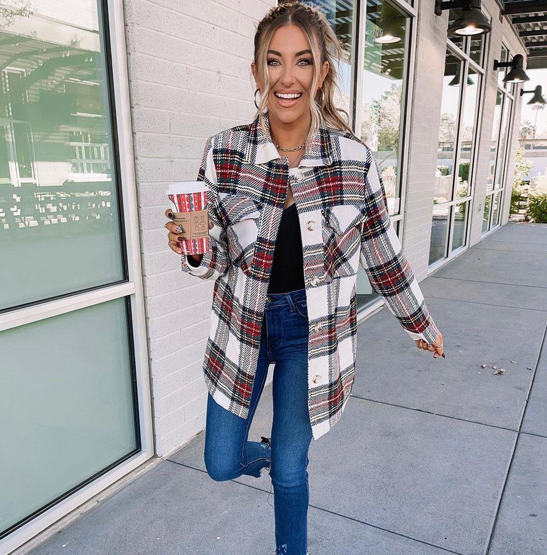 Long Sleeve Loose Women Plaid Coat - Babyvera